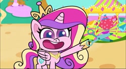 Size: 1170x645 | Tagged: safe, screencap, princess cadance, alicorn, pony, g4, g4.5, my little pony: pony life, what goes updo, female, mare, open mouth, open smile, scissors, smiling, solo