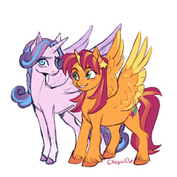 Size: 2000x2000 | Tagged: safe, artist:olegianote, princess flurry heart, sunny starscout, alicorn, pony, g4, g5, accessory, alternate design, alternate hairstyle, alternate universe, duo, duo female, female, hairpin, mare, race swap, ship:flurryscout, simple background, stars, sunnycorn, white background