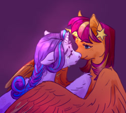 Size: 1000x900 | Tagged: safe, artist:leomakesamess, princess flurry heart, sunny starscout, alicorn, pony, g4, g5, accessory, alternate design, alternate hairstyle, alternate universe, boop, comforting, crying, duo, duo female, eyes closed, female, gradient background, hairpin, hug, large wings, lesbian, lidded eyes, mare, noseboop, nuzzling, older, older flurry heart, race swap, sad, ship:flurryscout, shipping, stars, sunnycorn, winghug, wings