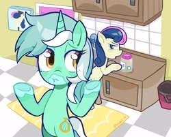 Size: 2192x1761 | Tagged: safe, alternate version, artist:rlabbiy, bon bon, lyra heartstrings, sweetie drops, earth pony, pony, unicorn, g4, belly, bin, bipedal, candy, checkered floor, duo, duo female, female, food, horn, jar, kitchen, mare, open mouth, rug, shrug, textless, textless version