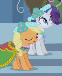 Size: 468x568 | Tagged: safe, screencap, applejack, rarity, earth pony, pony, unicorn, a canterlot wedding, g4, season 2, alternate hairstyle, bridesmaid, bridesmaid dress, bridesmaids, canterlot, canterlot castle, clothes, cropped, dress, duo, duo female, eyes closed, female, floral head wreath, flower, flower in hair, gown, horn, mare, royal wedding, shocked, stairs, surprised