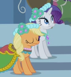 Size: 495x536 | Tagged: safe, screencap, applejack, rarity, earth pony, pony, unicorn, a canterlot wedding, g4, alternate hairstyle, bridesmaid, bridesmaid dress, bridesmaids, canterlot, canterlot castle, clothes, cropped, dress, duo, duo female, eyes closed, female, floral head wreath, flower, flower in hair, gown, horn, mare, royal wedding, shocked, stairs, surprised