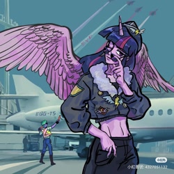 Size: 1080x1080 | Tagged: safe, artist:fa89802, commander easy glider, spike, twilight sparkle, alicorn, human, anthro, plantigrade anthro, g4, testing testing 1-2-3, airport, ancient wonderbolts uniform, aviator sunglasses, badge, bomber jacket, clothes, duo, duo female, duo male and female, female, human spike, humanized, jacket, jet, jet fighter, male, midriff, older, older spike, plane, spread wings, sunglasses, twilight sparkle (alicorn), uniform, wings