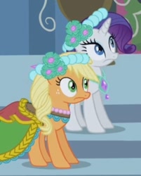 Size: 444x552 | Tagged: safe, screencap, applejack, rarity, earth pony, pony, unicorn, a canterlot wedding, g4, season 2, alternate hairstyle, bridesmaid, bridesmaid dress, bridesmaids, canterlot, canterlot castle, clothes, cropped, dress, duo, duo female, female, floral head wreath, flower, flower in hair, gown, horn, mare, royal wedding, shocked, stairs, surprised