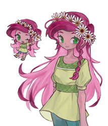 Size: 3000x3500 | Tagged: safe, artist:utttttttoo, gloriosa daisy, human, equestria girls, g4, chibi, clothes, dress, duality, female, flag, floral head wreath, flower, one eye closed, open mouth, self paradox, shorts, simple background, smiling, solo, white background, wink