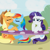 Size: 1919x1919 | Tagged: safe, artist:tunter, applejack, rainbow dash, rarity, earth pony, pegasus, pony, unicorn, g4, female, holding hooves, horn, left out, lesbian, mare, mushroom table, nuzzling, ship:appledash, shipping, sitting, table, third wheel, trio, trio female, unamused