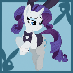 Size: 1919x1919 | Tagged: safe, artist:tunter, rarity, pony, unicorn, g4, bowtie, bunny suit, clothes, female, horn, lidded eyes, mare, rearing, smiling, solo