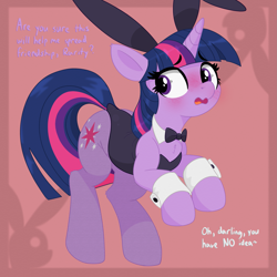 Size: 1919x1919 | Tagged: safe, artist:tunter, twilight sparkle, pony, unicorn, g4, backwards cutie mark, blushing, bowtie, bunny ears, bunny suit, clothes, dialogue, embarrassed, female, implied rarity, mare, offscreen character, pantyhose, playboy bunny, rearing, solo, unicorn twilight