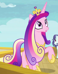 Size: 3000x3869 | Tagged: safe, screencap, lavender sunrise, princess cadance, alicorn, pony, g4, once upon a zeppelin, season 7, airship, background pony, cropped, female, las pegasus resident, mare, multicolored hair, multicolored mane, pink coat, pink fur, pink pony, raised hoof, slender, solo focus, thin, wide eyes