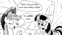 Size: 1200x675 | Tagged: safe, artist:pony-berserker, applejack, twilight sparkle, alicorn, earth pony, pony, pony-berserker's twitter sketches, g4, duo, duo female, eyes closed, female, floppy ears, implied book, implied reading, open mouth, pony-berserker's twitter sketches (2024), raised hoof, truth, twilight sparkle (alicorn), underhoof