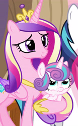 Size: 3000x4828 | Tagged: safe, screencap, princess cadance, princess flurry heart, shining armor, alicorn, pony, unicorn, g4, once upon a zeppelin, season 7, baby, baby flurry heart, baby pony, carrying, concave belly, cropped, crown, cute, family, father and child, father and daughter, female, flurrybetes, holding a pony, horn, jewelry, lidded eyes, male, mother and child, mother and daughter, multicolored hair, multicolored mane, regalia, slender, smiling, thin, trio