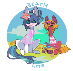 Size: 841x829 | Tagged: safe, artist:cutesykill, big macintosh, shining armor, earth pony, pony, unicorn, g4, alternate accessories, alternate clothes, alternate hairstyle, beach, beach outfit, blue eyes, blue mane, blue sclera, blue tail, blue text, circle background, clothes, cloud, colored pinnae, colored sclera, day, drink, duo, duo male, ear piercing, earring, flower, flower in hair, glasses, green eyes, hair bun, hair over one eye, hawaiian shirt, heart shaped glasses, hooped earrings, horn, jewelry, lidded eyes, long mane, long mane male, long neck, long tail, male, no catchlights, ocean, orange mane, orange tail, outdoors, piercing, sand, seashell, shirt, sitting, slender, slit pupils, smiling, striped swimsuit, sunglasses, sunglasses on head, swimsuit, table, tail, tall ears, text, thin, tied mane, two toned mane, two toned tail, unicorn horn, wall of tags, water, white coat, wooden table