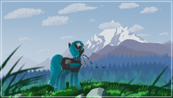 Size: 3840x2160 | Tagged: safe, artist:higherarch, oc, oc only, oc:lucia, bat pony, pony, 2d, bat wings, clothes, cloud, detailed, detailed background, dock, female, flower, flower in hair, folded wings, mare, meadow, mountain, mountain range, rock, scarf, simple shading, snow, socks, solo, striped scarf, stylized, tail, tall grass, wallpaper, wind, wings