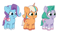 Size: 7298x3953 | Tagged: safe, artist:deerieluvz, glory (g5), peach fizz, seashell (g5), earth pony, pegasus, pony, unicorn, g5, my little pony: tell your tale, bow, female, filly, foal, horn, pippsqueak trio, pippsqueaks, simple background, tail, tail bow, transparent background, trio, trio female