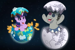 Size: 1095x730 | Tagged: safe, artist:faitheverlasting, smarty pants, twilight sparkle, pony, unicorn, g4, bluey, cute, dream, duo, egg, equus, female, filly, filly twilight sparkle, hatching, lava, mare in the moon, moon, open mouth, open smile, sleepytime, smiling, tangible heavenly object, twiabetes, unicorn twilight, younger