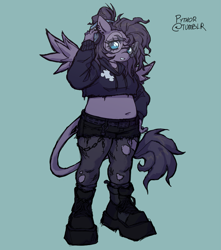 Size: 1085x1225 | Tagged: safe, artist:fluttershyes, oc, oc only, oc:vylet, pegasus, anthro, plantigrade anthro, bags under eyes, belt, blue background, blue eyes, boots, chains, choker, chubby, clothes, colored eyebrows, combat boots, commission, cropped hoodie, cutie mark on clothes, ear piercing, earring, eyelashes, frown, glasses, hand on hip, headphones, hoodie, jewelry, leonine tail, lidded eyes, long tail, messy mane, narrowed eyes, pegasus oc, piercing, platform boots, ponytail, purple coat, purple hoodie, purple mane, purple tail, raised arm, ripped stockings, round glasses, scrapes, shiny mane, shiny tail, shoes, shorts, signature, simple background, small wings, solo, spread wings, standing, stockings, tail, thigh highs, tied mane, torn clothes, wings