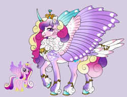 Size: 1280x978 | Tagged: safe, artist:malinraf1615, princess cadance, alicorn, pony, g4, alternate coat color, alternate color palette, alternate design, alternate hairstyle, alternate tailstyle, alternate universe, blaze (coat marking), cheek fluff, chest fluff, coat markings, colored belly, colored chest fluff, colored ears, colored fetlocks, colored hooves, colored horn, colored pinnae, colored pupils, colored wings, colored wingtips, crown, curly mane, curly tail, eyelashes, eyeshadow, facial markings, female, fetlock tuft, filigree, fluffy, gradient ears, gradient hooves, gradient horn, gradient mane, gradient tail, heart, heart ears, heart mark, hooves, horn, horn ring, horseshoes, hybrid tail, jewelry, leg fluff, leg jewelry, leg markings, lidded eyes, makeup, mare, mismatched wings, multicolored ears, multicolored mane, multicolored tail, multicolored wings, pale belly, peytral, purple background, purple coat, purple eyes, purple eyeshadow, purple pupils, raised hoof, reference used, regalia, ring, simple background, smiling, solo, sparkly mane, sparkly tail, spread wings, standing, standing on three hooves, tail, tail feathers, tail jewelry, teal hooves, tongue out, two toned horn, unshorn fetlocks, wall of tags, white belly, wing markings, wings