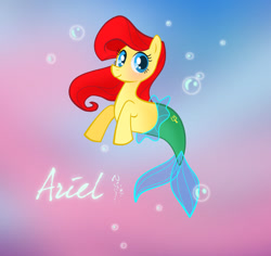 Size: 800x755 | Tagged: safe, artist:nippy13, merpony, pony, 2011, ariel, bubble, disney, disney princess, dorsal fin, fin, fish tail, flowing mane, flowing tail, looking at you, ocean, ponified, scales, smiling, smiling at you, solo, swimming, tail, the little mermaid, underwater, water