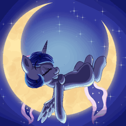 Size: 500x500 | Tagged: safe, artist:rue-willings, princess luna, alicorn, pony, g4, animated, blank flank, cute, ethereal mane, ethereal tail, eyelashes, eyes closed, female, flowing mane, flowing tail, frame by frame, hoof on chest, lunabetes, lying down, mare, missing cutie mark, moon, on back, profile, sleeping, solo, starry background, starry eyes, starry mane, stars, tail, tangible heavenly object, wingding eyes