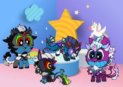 Size: 1414x1000 | Tagged: safe, artist:zetikoopa, ahuizotl, grogar, king sombra, lord tirek, opaline arcana, pharynx, pony of shadows, shining armor, storm king, stronghoof hoofstrong (tfh), oc, oc:alastor, oc:bass thunder, oc:dark havok, oc:keiran, oc:odysseus, oc:phantom infinite, changedling, changeling, them's fightin' herds, g4, g5, my little pony: the movie, alexandrite arcane, amalgamation, baby, community related, corrupted, cute, female to male, fusion, fusion:ahuizotl, fusion:bass thunder, fusion:dark havok, fusion:grogar, fusion:king sombra, fusion:lord tirek, fusion:phantom infinite, fusion:pharynx, fusion:pony of shadows, fusion:shining armor, fusion:storm king, male, monster shining armor, prince pharynx, rainbow of darkness, rule 63, species swap, updated, updated design