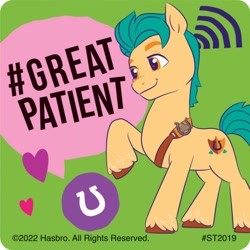 Size: 700x700 | Tagged: safe, hitch trailblazer, earth pony, pony, g5, official, 2022, green background, hashtag, heart, horseshoes, looking to the left, male, raised hoof, sheriff's badge, simple background, smilemakers, solo, speech bubble, stallion, sticker, text