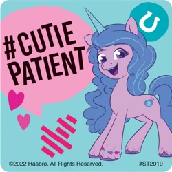 Size: 700x700 | Tagged: safe, izzy moonbow, pony, unicorn, g5, official, 2022, bracelet, female, hashtag, heart, horn, horseshoes, jewelry, looking at you, mare, open mouth, simple background, smilemakers, solo, speech bubble, sticker, teal background, text, unshorn fetlocks