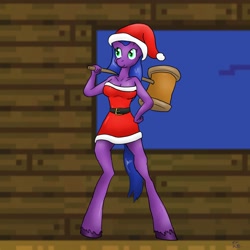 Size: 1280x1280 | Tagged: safe, artist:short circuit, oc, oc only, oc:violet, changeling, earth pony, anthro, unguligrade anthro, belt, blue hair, blue tail, breasts, cabin, changeling oc, christmas, cleavage, clothes, costume, disguise, disguised changeling, female, female oc, green eyes, hammer, hat, hips, holiday, hooves, night, purple coat, santa costume, santa hat, sledgehammer, slit pupils, solo, tail, thighs, unshorn fetlocks, window