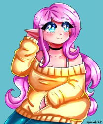Size: 2565x3064 | Tagged: safe, artist:mylittleyuri, fluttershy, human, g4, blush lines, blushing, breasts, busty fluttershy, choker, chokershy, clothes, cute, elf ears, eyebrows, eyebrows visible through hair, female, heart, heart eyes, humanized, light blue background, looking up, off shoulder, off shoulder sweater, shyabetes, signature, simple background, smiling, solo, sweater, sweatershy, wingding eyes