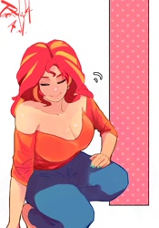 Size: 1400x2000 | Tagged: safe, artist:sozglitch, sunset shimmer, human, g4, barefoot, big breasts, breasts, busty sunset shimmer, cleavage, clothes, denim, eyes closed, feet, female, hand on leg, hand on thigh, huge breasts, humanized, jeans, light skin, looking at you, nail polish, off shoulder, pants, simple background, smiling, smiling at you, solo, white background