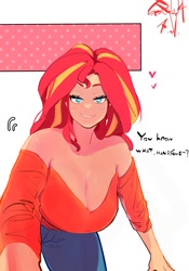 Size: 1400x2000 | Tagged: safe, artist:sozglitch, sunset shimmer, human, g4, bedroom eyes, big breasts, breasts, busty sunset shimmer, cleavage, clothes, denim, dialogue, female, floating heart, heart, huge breasts, humanized, jeans, light skin, looking at you, off shoulder, pants, simple background, smiling, smiling at you, solo, talking to viewer, white background