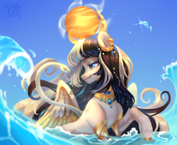 Size: 2200x1800 | Tagged: safe, artist:ryusya, oc, oc only, pegasus, snake, cleopatra, crepuscular rays, depth of field, egyptian, egyptian pony, gold, long hair, ocean, outdoors, partially submerged, sky, solo, sparkles, splash, spread wings, sun, sunlight, swimming, water, wave, wet, wings