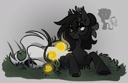 Size: 1683x1095 | Tagged: safe, artist:adelfrey, oc, oc only, pony, pony town, female, female oc, gradient background, grass, light, sleepy, solo, watermark