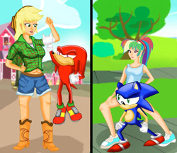 Size: 1024x884 | Tagged: safe, artist:urhangrzerg, applejack, rainbow dash, echidna, hedgehog, human, anthro, g4, breasts, crossover, female, humanized, knuckles the echidna, male, multicolored hair, rainbow hair, sonic the hedgehog, sonic the hedgehog (series)