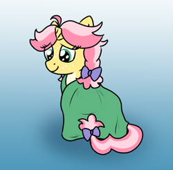 Size: 1393x1371 | Tagged: safe, artist:craftycirclepony, oc, oc only, oc:crafty circles, pony, unicorn, blanket, bow, comfortable, cozy, cute, eye clipping through hair, female, filly, foal, freckles, gradient background, green eyes, hair bow, happy, horn, lidded eyes, long mane, long tail, pigtails, pink mane, pink tail, purple bow, small horn, smiling, solo, tail, tail bow, tied mane, tied tail, two toned mane, two toned tail, yellow coat