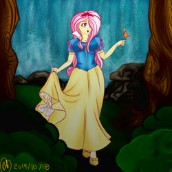 Size: 1280x1280 | Tagged: safe, artist:bunbunmuffins, fluttershy, bird, human, g4, 2019, crossover, disney, disney princess, female, hair over one eye, humanized, snow white, snow white and the seven dwarfs, solo