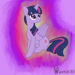 Size: 1280x1280 | Tagged: safe, artist:bunbunmuffins, twilight sparkle, alicorn, pony, g4, 2019, abstract background, female, folded wings, mare, sitting, smiling, solo, twilight sparkle (alicorn), wings