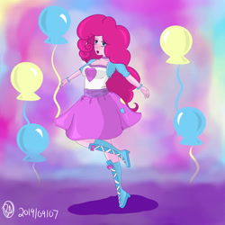 Size: 828x828 | Tagged: safe, artist:bunbunmuffins, pinkie pie, human, equestria girls, g4, 2019, arms, boots, bracelet, breasts, bust, clothes, eyelashes, female, hand, jewelry, legs, lipstick, long hair, makeup, open mouth, raised leg, shirt, shoes, short sleeves, skirt, solo, spread arms, teenager, vest