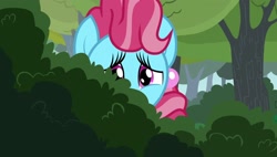 Size: 1920x1088 | Tagged: safe, screencap, cup cake, earth pony, g4, season 7, the perfect pear, blue coat, blue fur, bush, chiffon swirl, colored pupils, eyelashes, female, pink hair, pink mane, solo