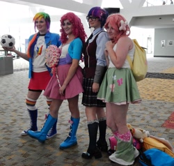 Size: 3582x3414 | Tagged: safe, artist:sarahndipity cosplay, fluttershy, pinkie pie, rainbow dash, sci-twi, twilight sparkle, human, bronycon, bronycon 2015, equestria girls, g4, clothes, converse, cosplay, costume, football, irl, irl human, photo, shoes, sports