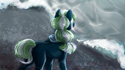 Size: 1600x893 | Tagged: safe, artist:nazalik, oc, oc only, oc:waviesee, pony, complex background, hair, hair bun, looking at someone, looking down, ocean, outdoors, signature, sketch, solo, water