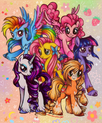 Size: 1080x1295 | Tagged: safe, artist:dariarchangel, applejack, fluttershy, pinkie pie, rainbow dash, rarity, twilight sparkle, butterfly, earth pony, pegasus, pony, unicorn, g4, g5, abstract background, applejack (g5 concept leak), bangs, big eyes, blonde, blonde hair, blonde mane, blonde tail, blue coat, blue eyes, blue eyeshadow, bracelet, braid, braided tail, cherry, coat markings, colored hooves, colored wings, cupcake, curly hair, curly mane, curly tail, cute, dashabetes, diapinkes, earth pony twilight, eyeshadow, female, floppy ears, flower, fluttershy (g5 concept leak), flying, food, g5 concept leaks, g5 to g4, generation leap, green eyes, group, group photo, group picture, headband, heart, hooves, jackabetes, jewelry, large wings, leg fluff, long hair, long mane, long tail, looking at someone, makeup, mane six, mane six (g5 concept leak), mare, multicolored hair, multicolored mane, multicolored tail, multicolored wings, pegasus pinkie pie, pink coat, pink hair, pink mane, pink tail, pinkie pie (g5 concept leak), purple coat, purple eyes, purple hair, purple mane, purple tail, race swap, rainbow dash (g5 concept leak), rainbow hair, rainbow wings, raised hoof, raribetes, rarity (g5 concept leak), sextet, shy, shy smile, shyabetes, smiling, sparkles, spread wings, standing, stars, straight hair, straight mane, straight tail, strawberry, tail, three toned mane, tiara, twiabetes, twilight sparkle (g5 concept leak), two toned mane, unicorn fluttershy, unshorn fetlocks, wall of tags, what could have been, white coat, wings, yellow coat