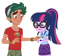 Size: 7420x6594 | Tagged: safe, edit, edited screencap, screencap, sci-twi, timber spruce, twilight sparkle, equestria girls, g4, my little pony equestria girls: legend of everfree, awkward, background removed, blushing, camp everfree logo, camp everfree outfits, clothes, curly hair, cute, duo, duo male and female, embarrassed, female, glasses, hat, male, not a vector, ponytail, shipping, shipping fuel, shirt, shorts, shy, simple background, straight, timbertwi, transparent background, wristband