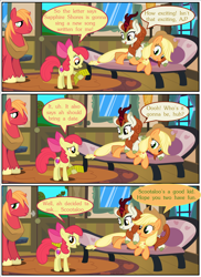 Size: 2700x3713 | Tagged: safe, artist:gm-scoots, apple bloom, applejack, autumn blaze, big macintosh, earth pony, kirin, pony, comic:bleeding hearts, g4, apple siblings, apple sisters, brother and sister, female, filly, foal, lesbian, male, mare, preggo jack, pregnant, ship:autumnjack, shipping, siblings, sisters, stallion