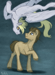 Size: 2447x3299 | Tagged: safe, artist:firehello, derpy hooves, doctor whooves, time turner, earth pony, pegasus, pony, g4, digital art, duo, duo male and female, female, flying, looking at each other, looking at someone, male, ship:doctorderpy, shipping, smiling, straight