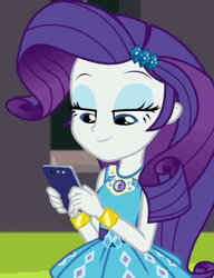 Size: 554x720 | Tagged: safe, edit, edited screencap, screencap, rarity, human, equestria girls, g4, my little pony equestria girls: choose your own ending, text support, text support: rarity, animated, arms, bracelet, breasts, bust, cellphone, clothes, cropped, eyelashes, eyeshadow, female, fingers, geode of shielding, gif, hairpin, hand, happy, holding, jewelry, lidded eyes, long hair, magical geodes, makeup, outdoors, phone, rarity peplum dress, sleeveless, smartphone, smiling, solo, speed up, standing, teenager, texting, typing