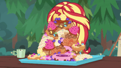 Size: 800x450 | Tagged: safe, screencap, sunset shimmer, human, equestria girls, g4, my little pony equestria girls: choose your own ending, wake up!, wake up!: pinkie pie, animated, bread, cartoon physics, coffee mug, croissant, digestion without weight gain, eating, female, food, food tray, gif, hammerspace, hammerspace belly, marshmallow, mug, outdoors, pastries, slender, solo, stuffing, thin, time-lapse, tray, waffle, wristband