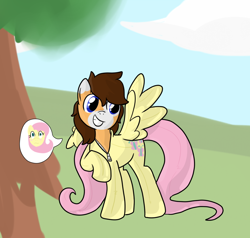 Size: 928x884 | Tagged: safe, artist:baumbs, fluttershy, oc, oc:binary bauble, earth pony, pegasus, pony, g4, :s, blushing, fluttershy suit, grin, inanimate tf, living clothes, living suit, male, ponysuit, raised hoof, smiling, speech bubble, spread wings, stallion, suiting, transformation, tree, wavy mouth, wings, zipper