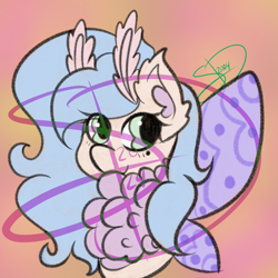 Size: 3000x3000 | Tagged: safe, artist:solardoodles, oc, oc only, oc:sunset breeze, hybrid, insect, moth, mothpony, original species, pony, adoptable, antennae, bust, chest fluff, hybrid oc, obtrusive watermark, portrait, signature, smiling, solo, spread wings, watermark, wings
