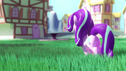 Size: 800x450 | Tagged: safe, artist:vandercat, edit, starlight glimmer, pony, unicorn, g4, 3d, animated, blender, blender cycles, butt, butt shake, cgi, cute, featureless crotch, female, gif, glimmer glutes, grass, horn, houses, looking back, mare, plot, ponyville, rear view, shadow, solo