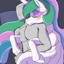 Size: 500x500 | Tagged: safe, artist:enonnnymous, princess celestia, oc, oc:anon, human, pony, blushing, cuddling, duo, duo male and female, eyes closed, female, hug, hug from behind, human on pony snuggling, male, pillow, sleeping, snuggling, spooning, winghug, wings